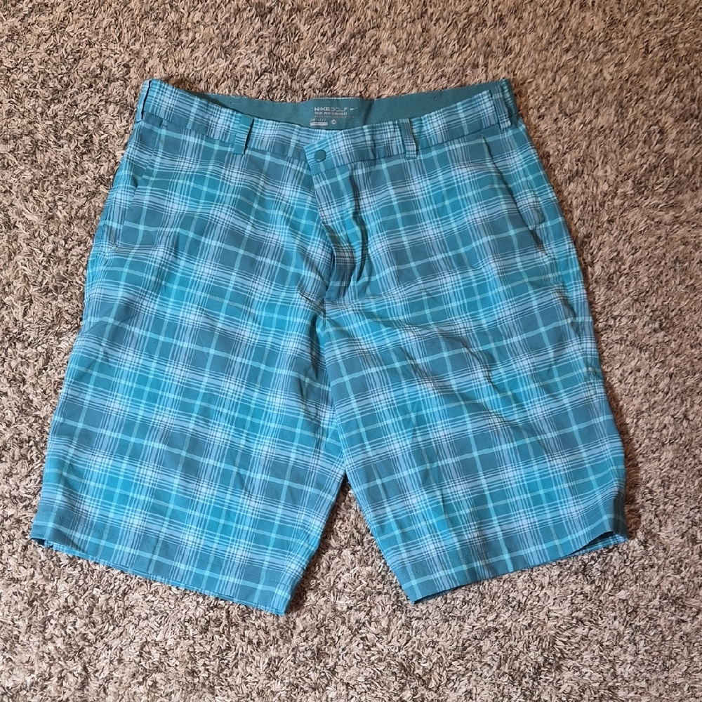 Nike Golf Tour Performance Dri Fit Turquoise Blue Plaid Shorts 38